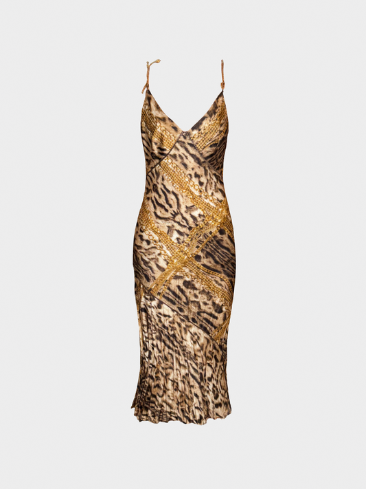 Roberto Cavalli 2003 Gold Leopard Printed Silk Midi Dress