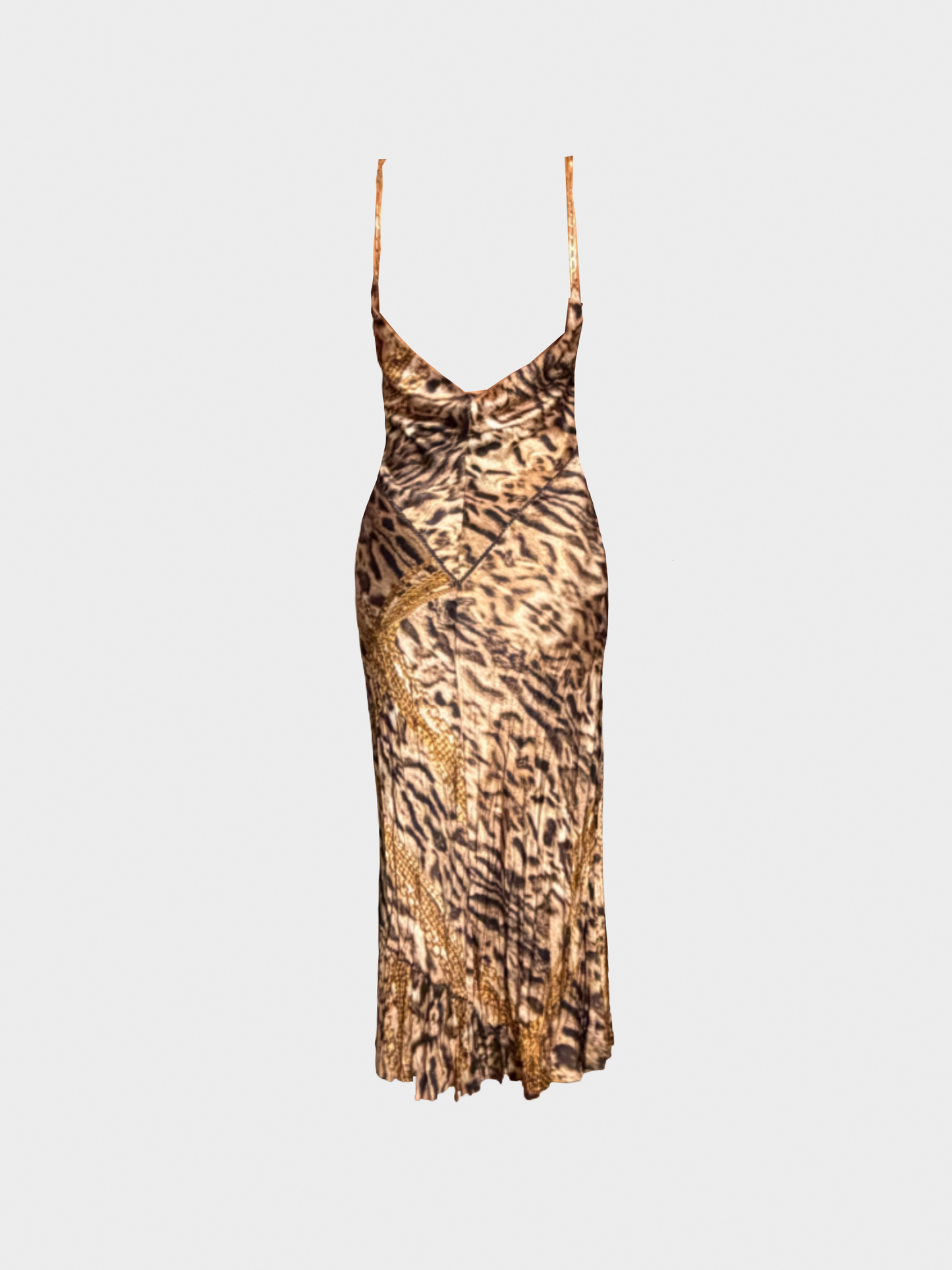 Roberto Cavalli 2003 Gold Leopard Printed Silk Midi Dress