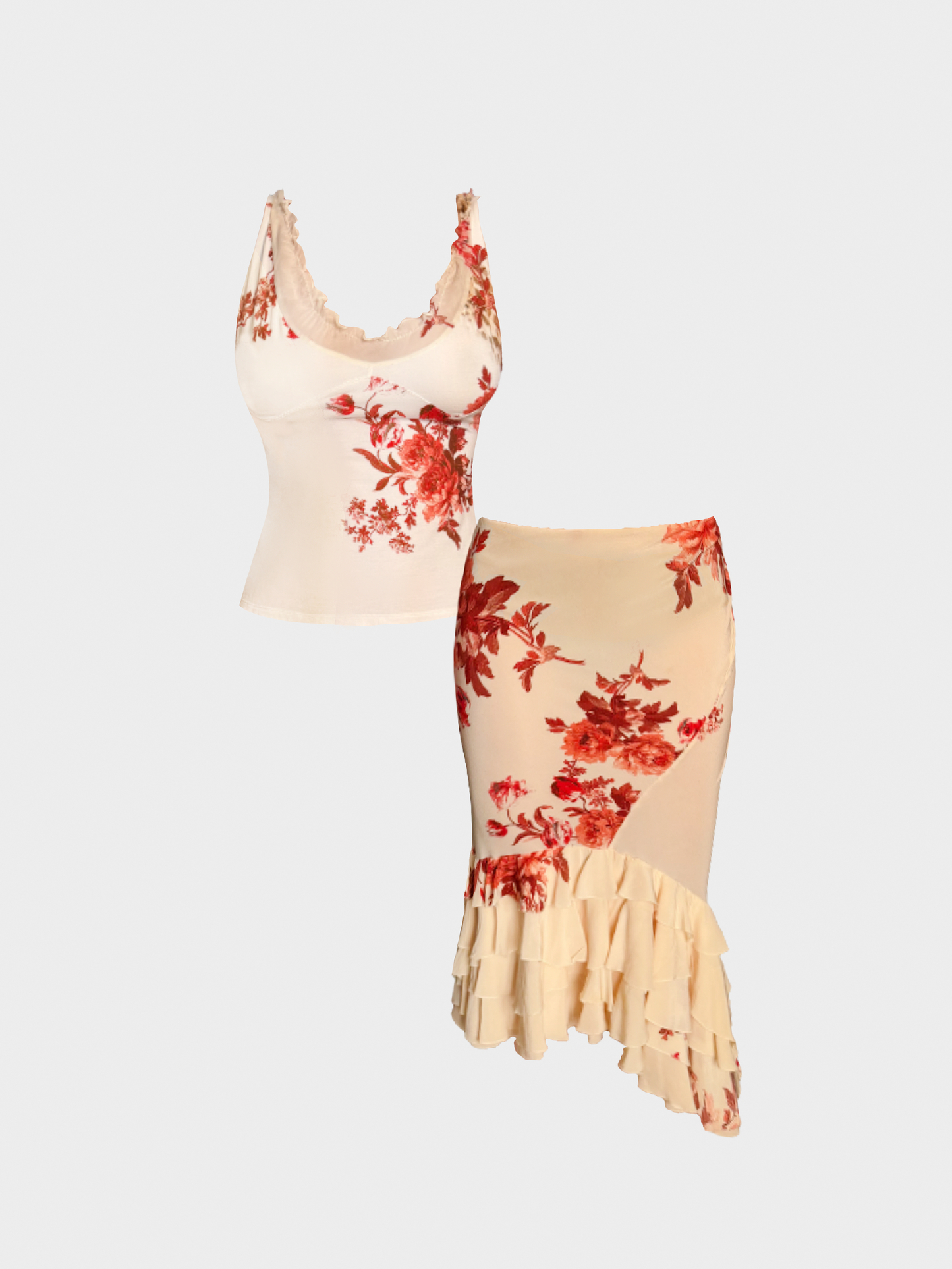 Roberto Cavalli SS 2002 Cream Rose-Printed Top and Midi Skirt Set