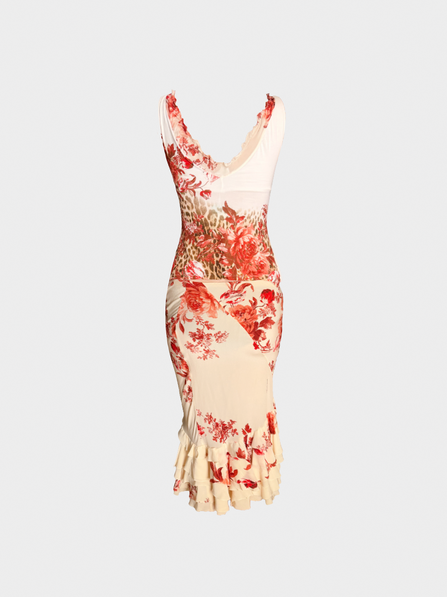 Roberto Cavalli SS 2002 Cream Rose-Printed Top and Midi Skirt Set