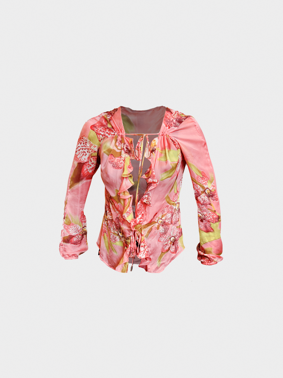 Roberto Cavalli SS 2005 Pink Floral Ruffle Blouse