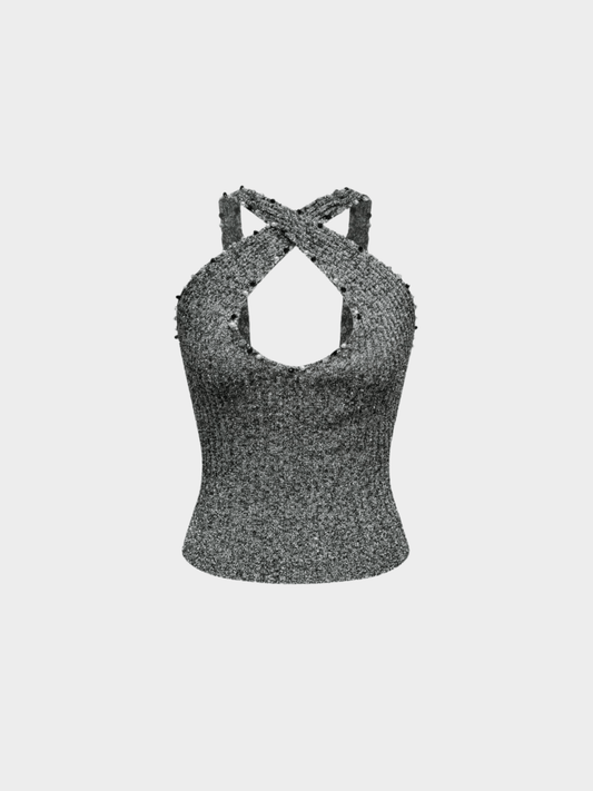 Loris Azzaro 1970s Metallic Knit Embellished Cut-Out Top
