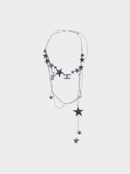 Chanel 2008 Silver Multistrand Chain Link CC and Stars Rhinestone-embellished Necklace