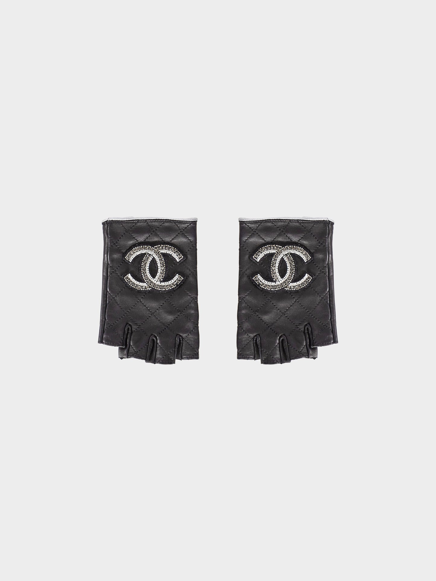 Chanel by Karl Lagerfeld Early 2010s Black Lambskin Quilted CC Embroidered Fingerless Gloves