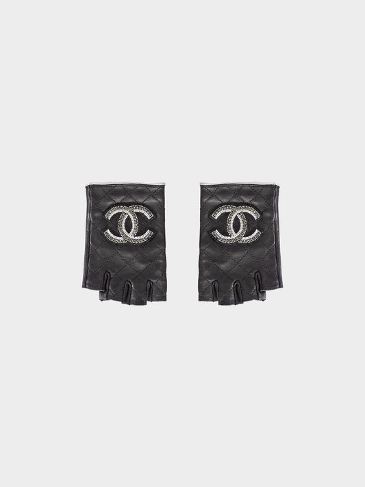 Chanel by Karl Lagerfeld Early 2010s Black Lambskin Quilted CC Embroidered Fingerless Gloves