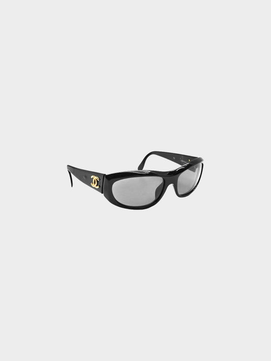Chanel 2000s Black and Gold Acetate CC Oval Sunglasses