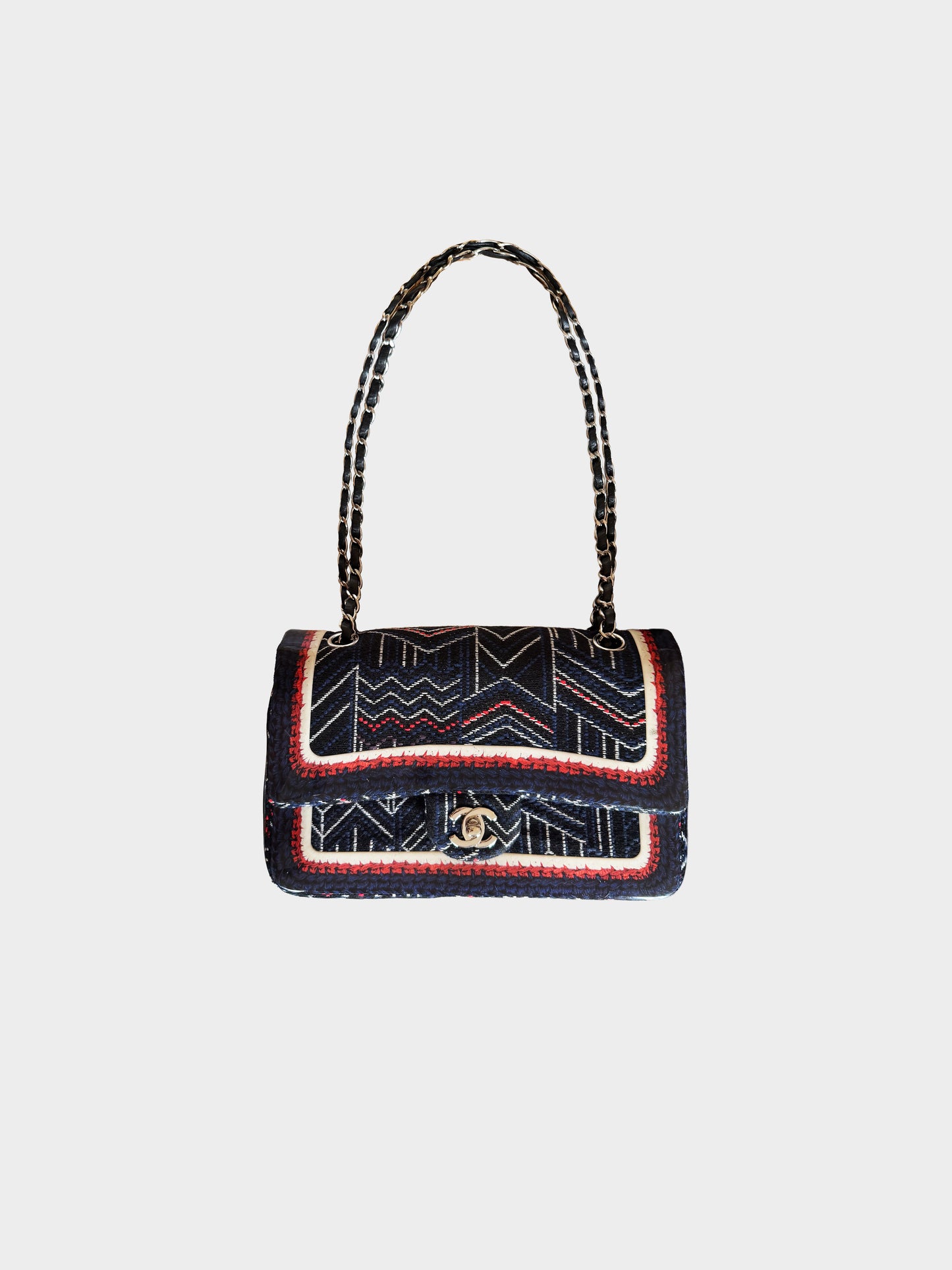 Chanel SS 2016 Navy Jacquard Canvas Medium Classic Double Flap Bag
