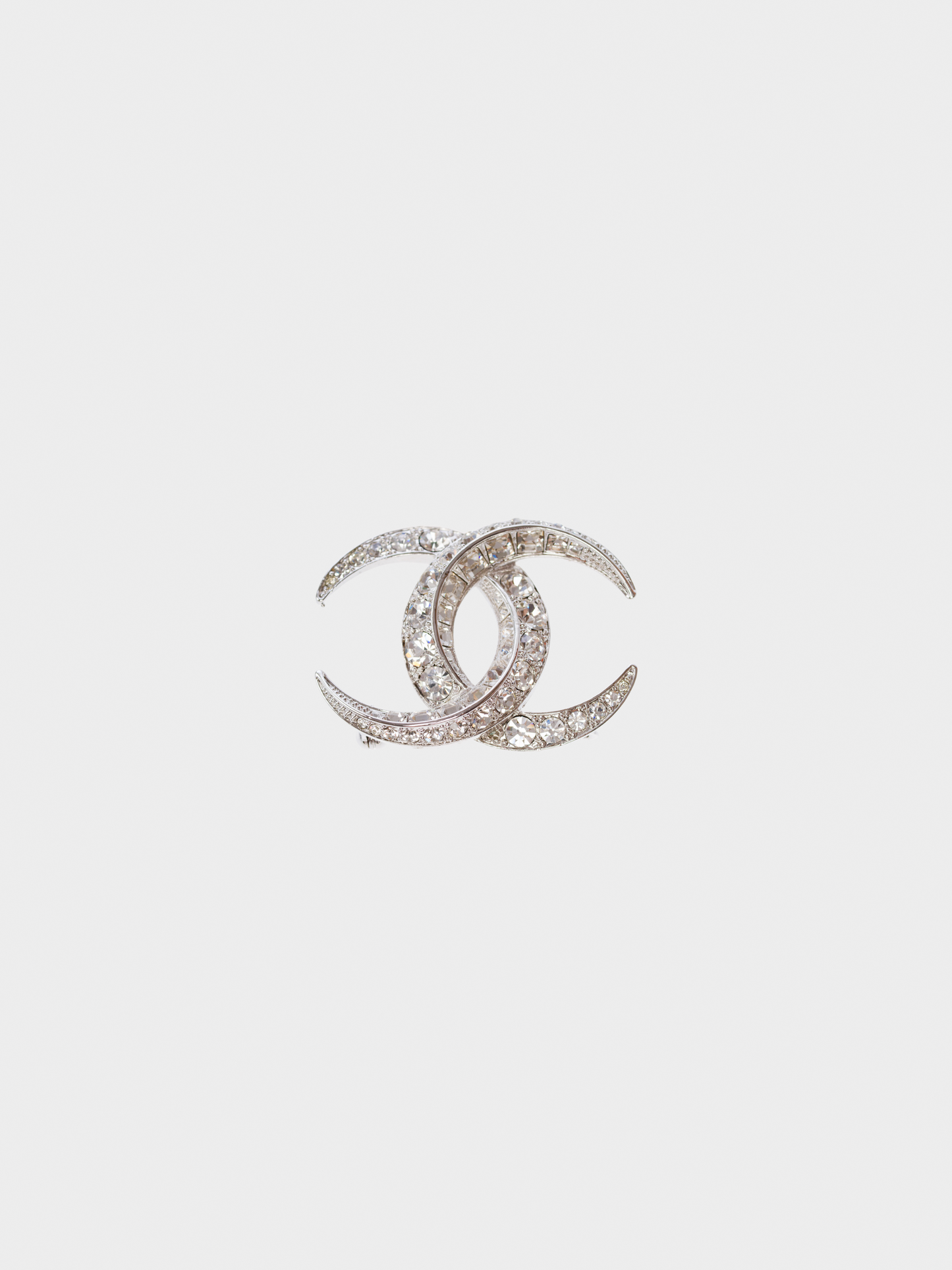 Chanel 2015 Silver Rhinestone CC Moon Brooch