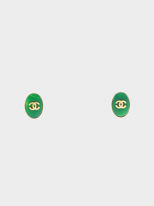 Chanel 1990s Green and Gold Oval CC Earrings