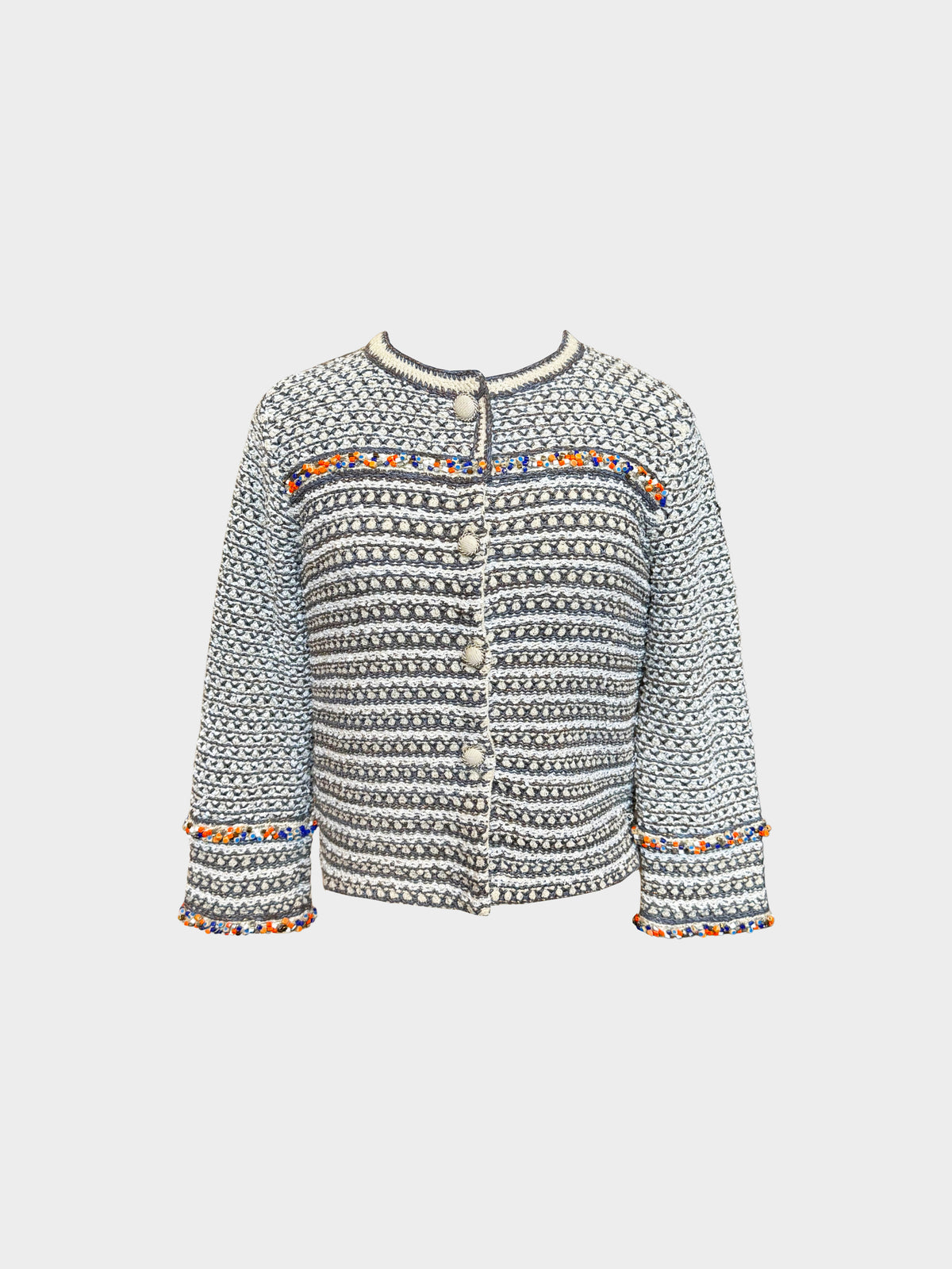 Chanel SS 2006 Beige and Black Knitted Cardigan with Beaded Embellishments