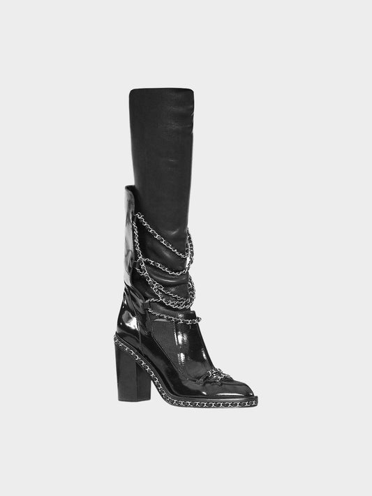 Chanel by Karl Lagerfeld FW 2013 Black Patent Leather Chain Obsession Block Heel Boots with Leather Gaiters
