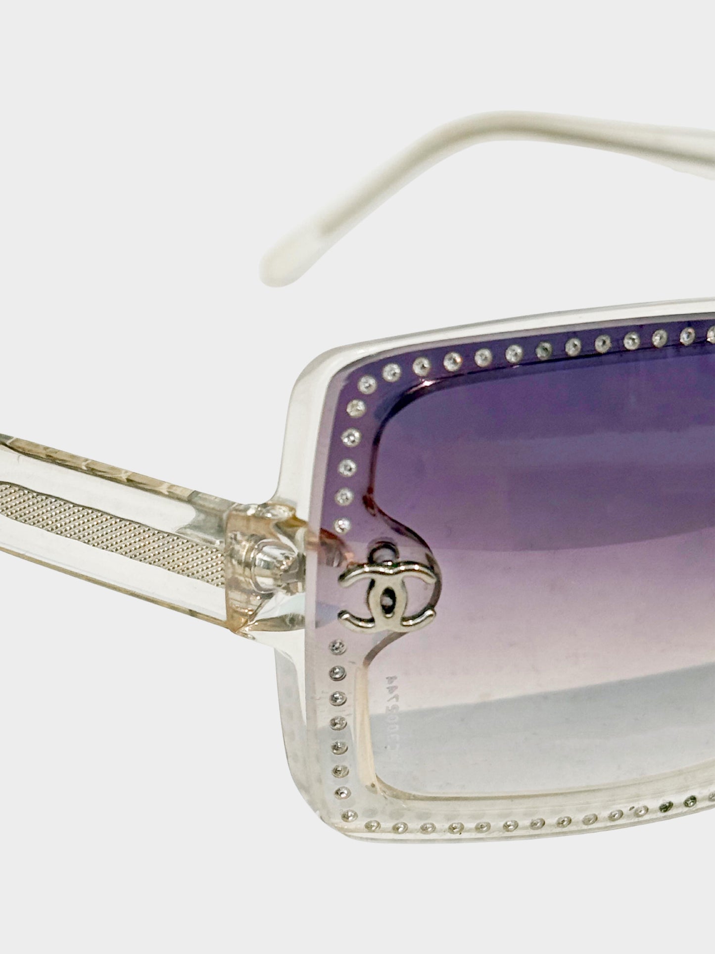 Chanel Early 2000s Purple Gradient Rhinestone CC Rimless Sunglasses