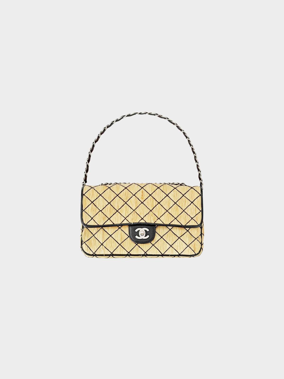 Chanel SS 1999 Beige and Black Quilted Straw and Raffia Flap Bag