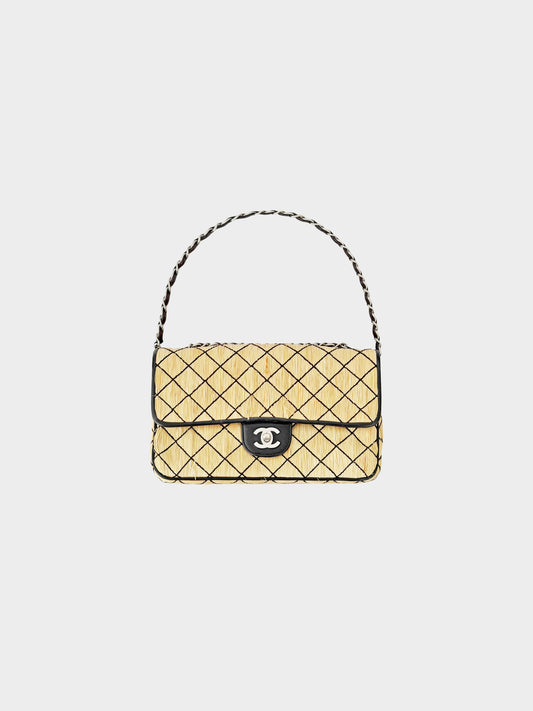Chanel SS 1999 Beige and Black Quilted Straw and Raffia Flap Bag