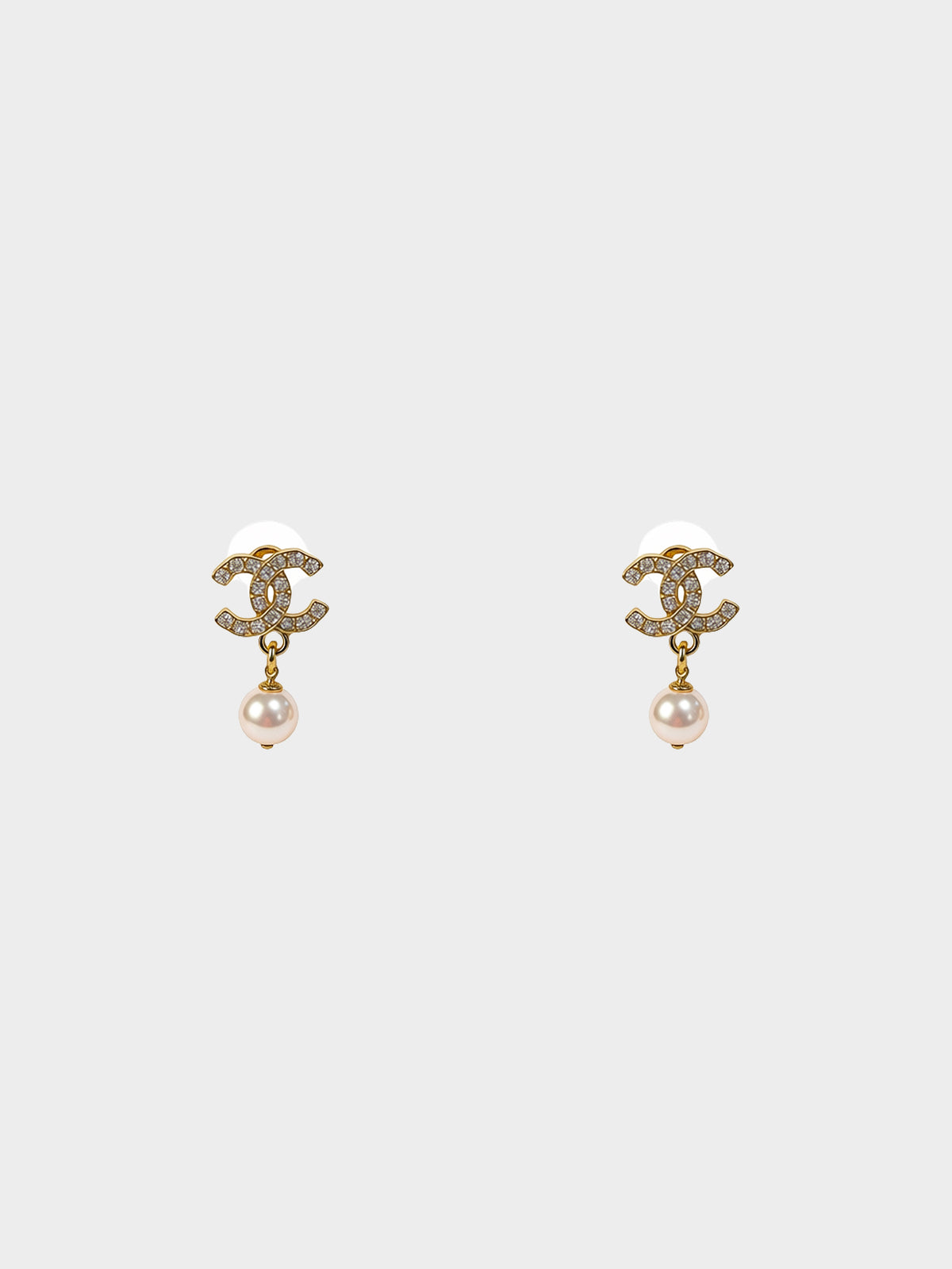 Chanel 2021 Gold CC Rhinestone-encrusted Pearl Drop Earrings