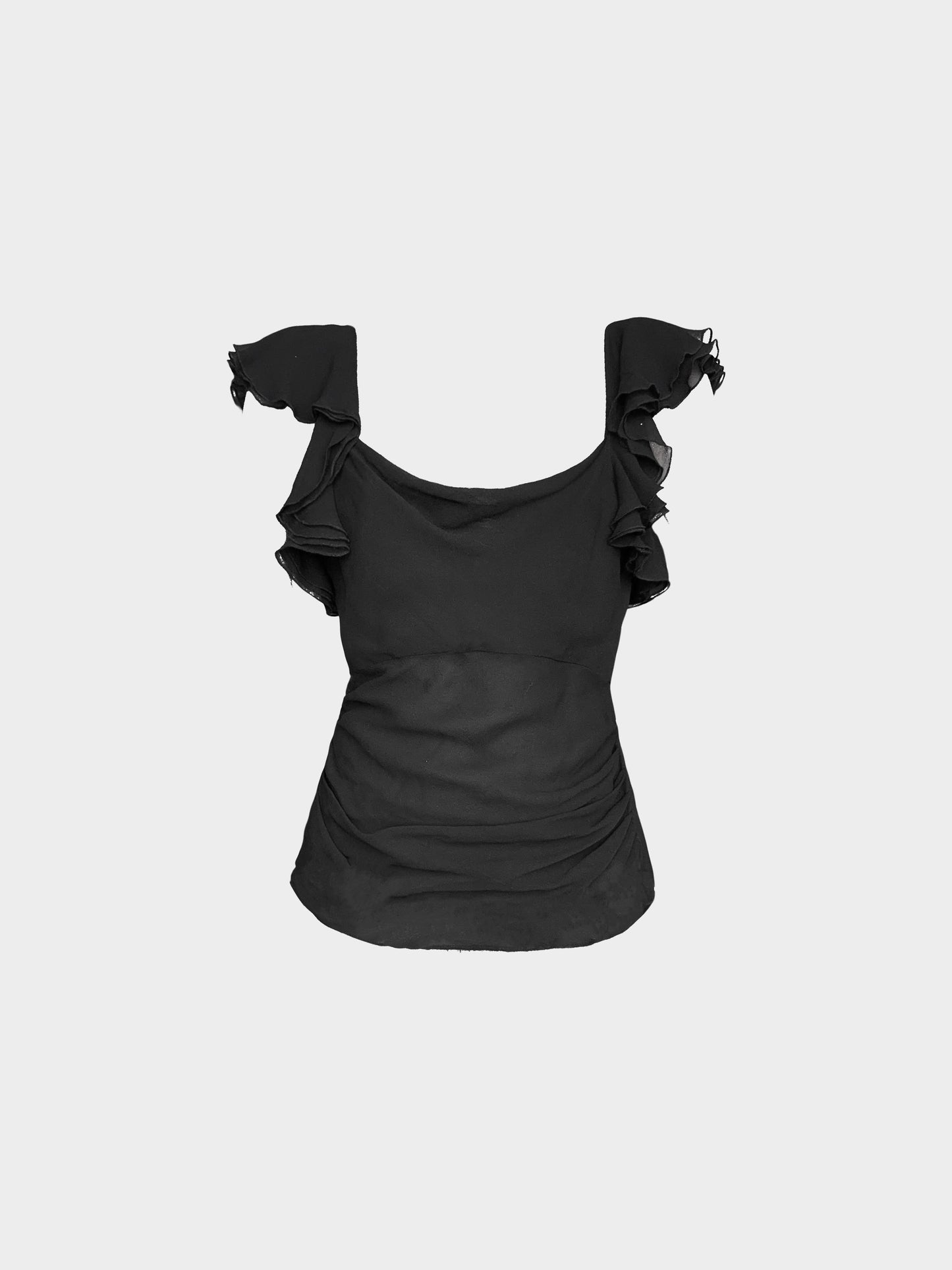 Chanel 2000s Black Silk Chiffon Ruffled Top
