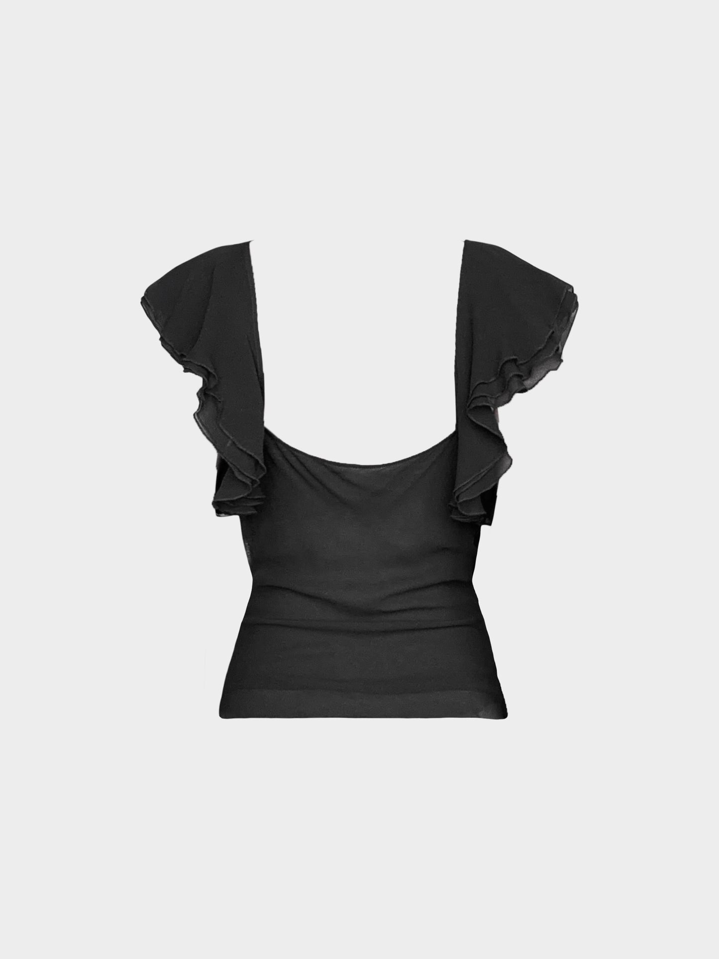 Chanel 2000s Black Silk Chiffon Ruffled Top