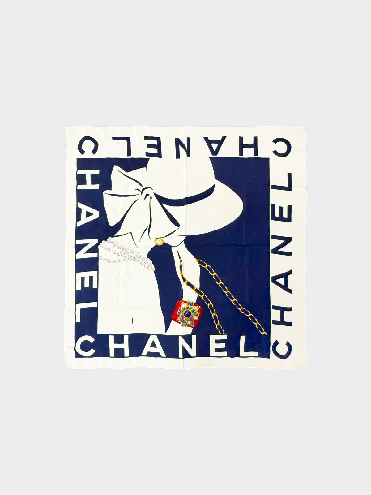 Chanel 1990s Navy and White Mademoiselle Silk Scarf