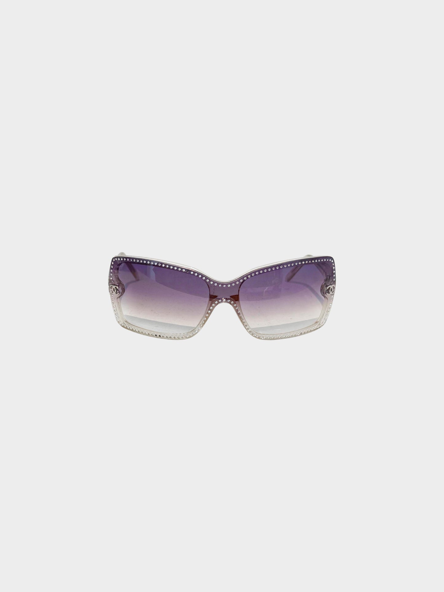 Chanel Early 2000s Purple Gradient Rhinestone CC Rimless Sunglasses