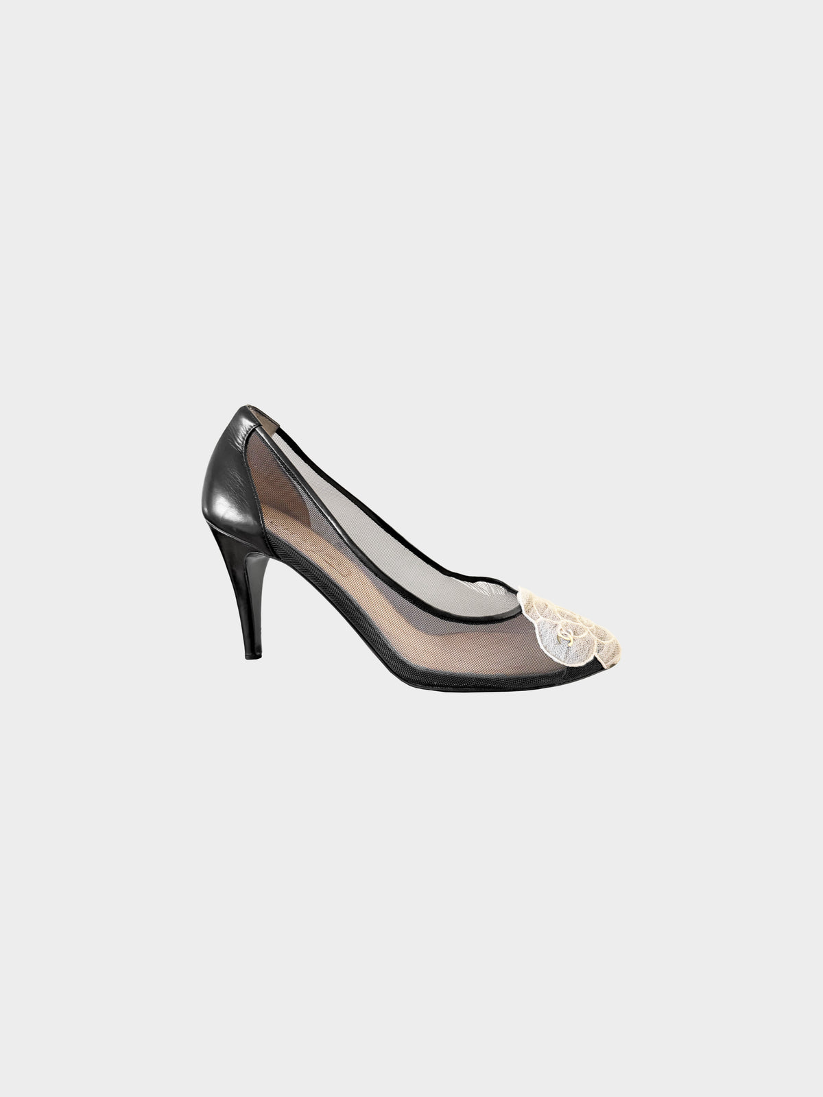 Chanel 2010s Black Leather and Mesh Camellia Toe Cap Pumps