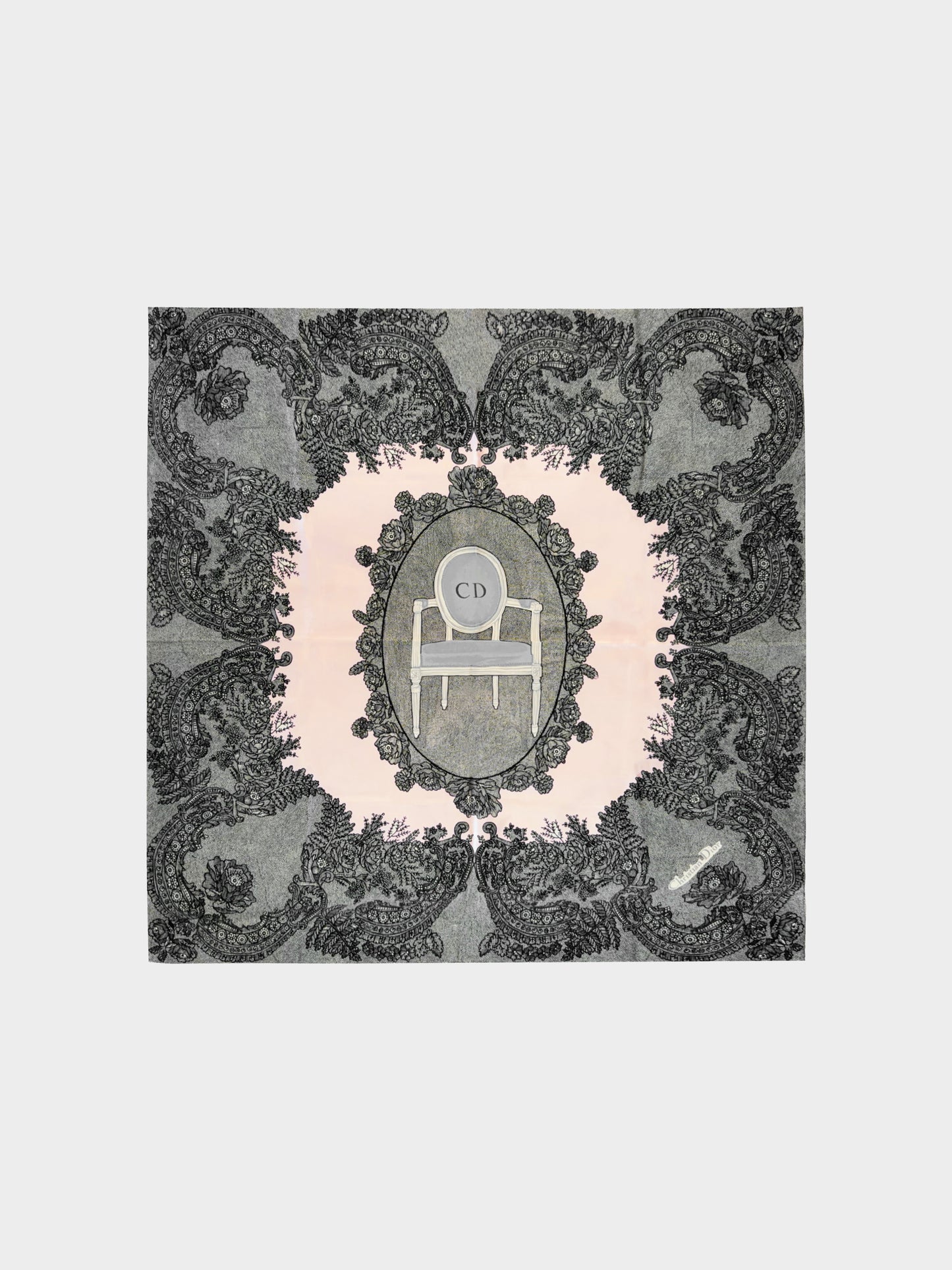 Christian Dior 2000s Black and Light Pink Silk Lace Floral Print Scarf