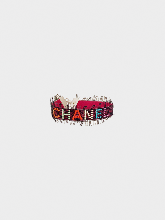 Chanel 2000s Black Lace and Multicolor Crystal Fringe Bracelet