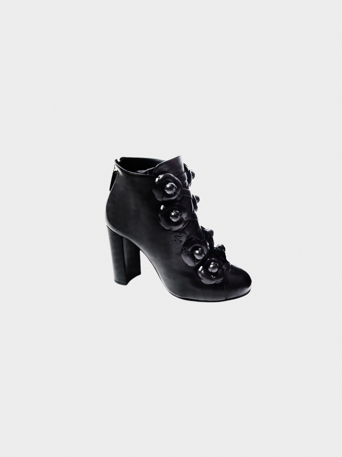 Chanel 2017 Black 3D Camellia Leather Lace Up Booties