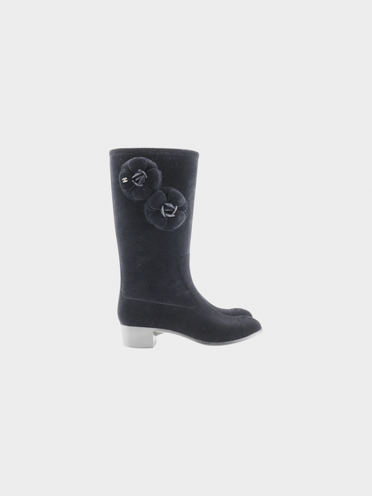 Chanel 2000s Black Suede Camellia Boots