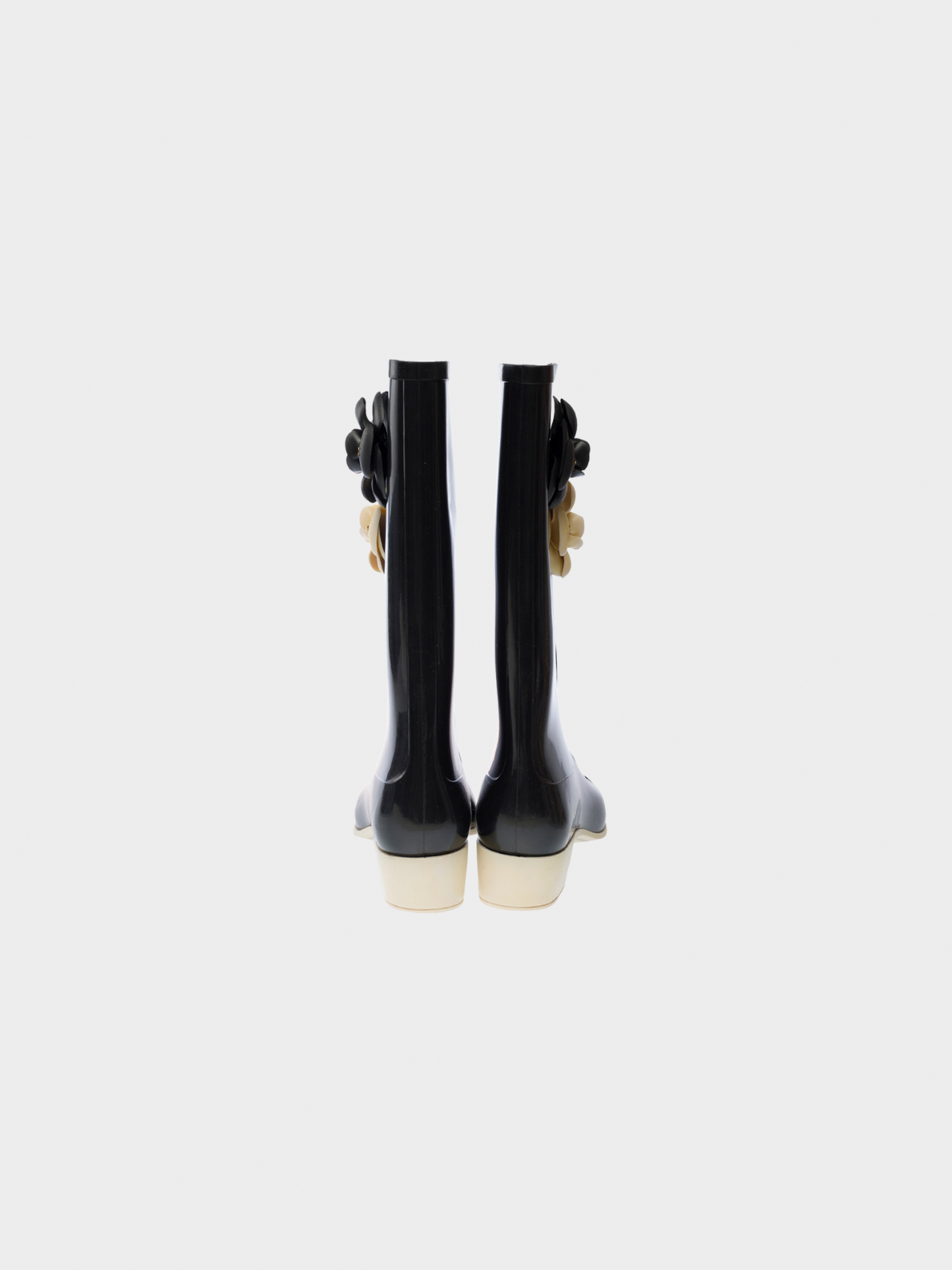 Chanel 2000s Black Rubber Camellia Embellished CC Rain Boots