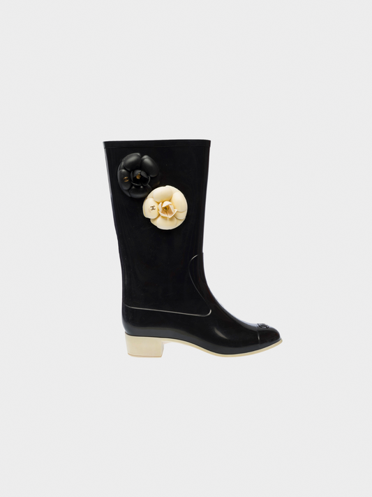 Chanel 2000s Black Rubber Camellia Embellished CC Rain Boots