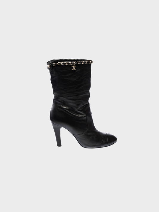 Chanel 2011 Black Silver Chain Black Leather Ankle Boots