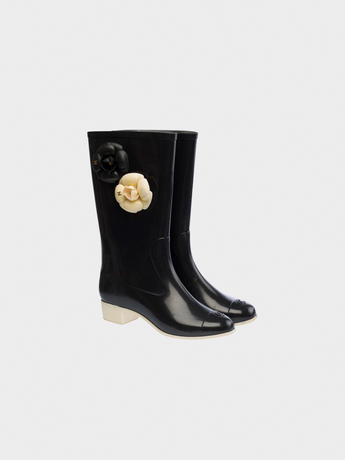 Chanel 2000s Black Rubber Camellia Embellished CC Rain Boots