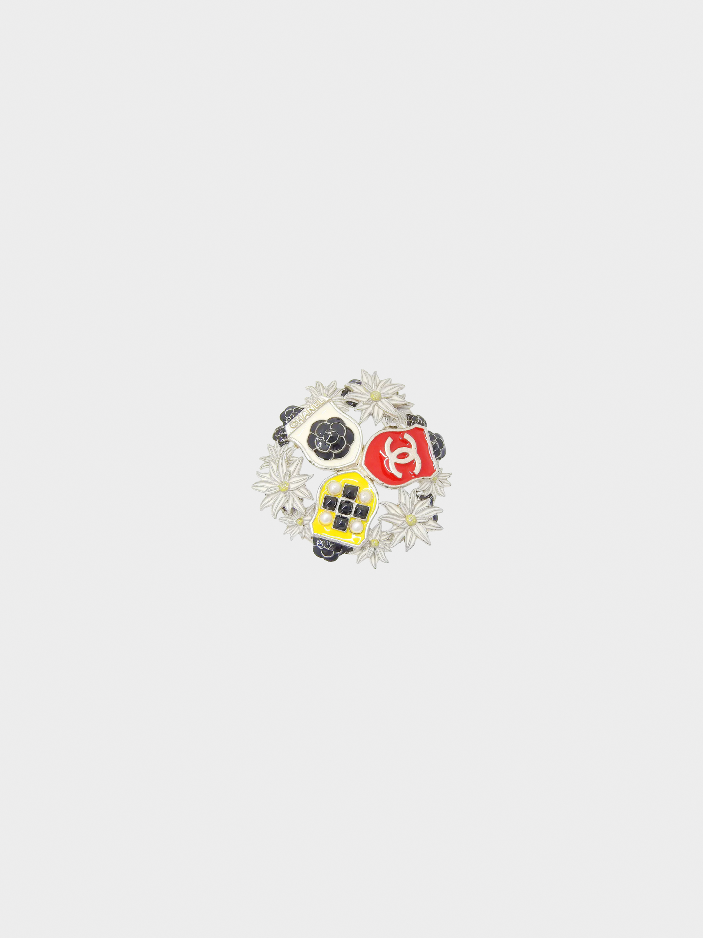 Chanel 2015 Silver Enameled Floral Brooch
