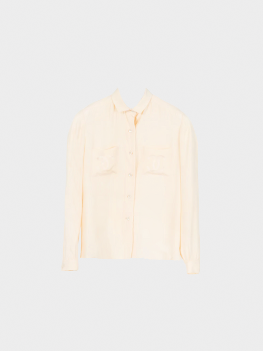 Chanel 1970s Cream Silk CC-Pocket Buttoned Blouse