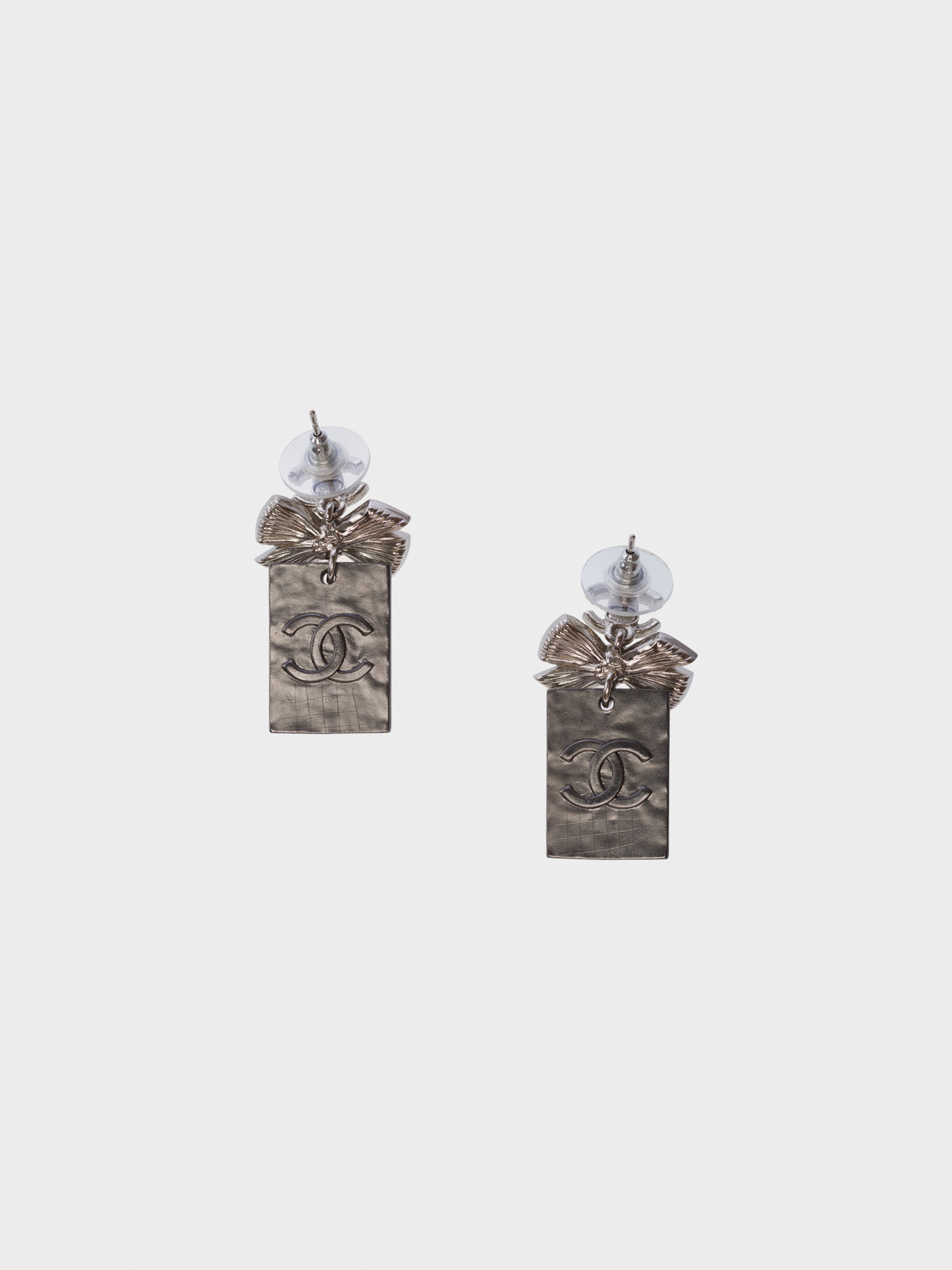 Chanel 2020s Silver Coco Chanel Printed Rectangle Earrings