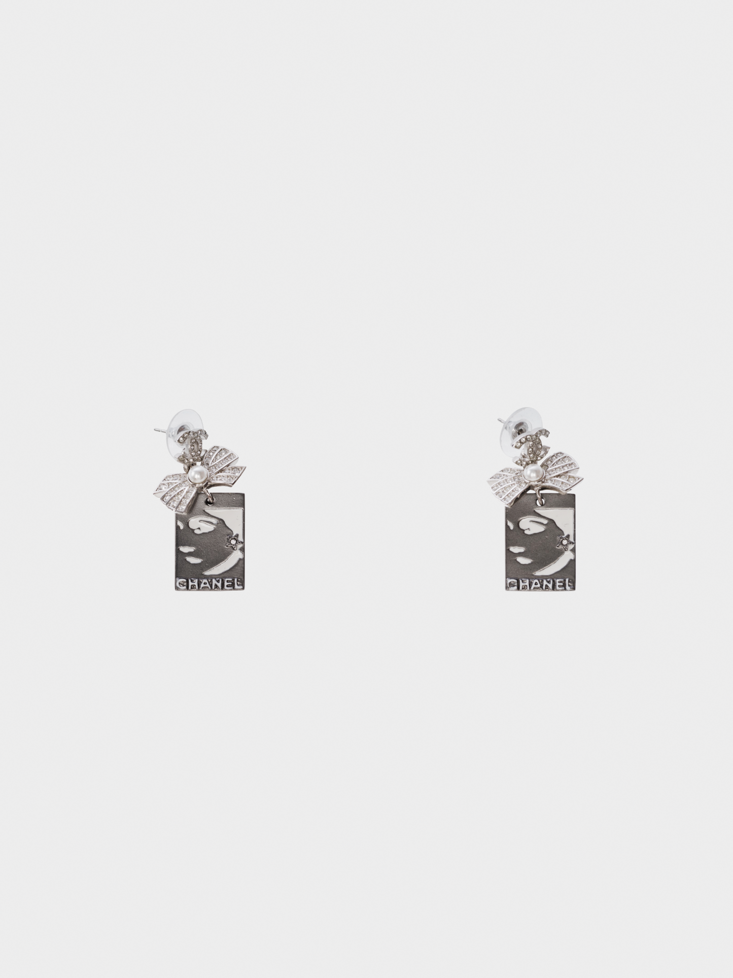 Chanel 2020s Silver Coco Chanel Printed Rectangle Earrings