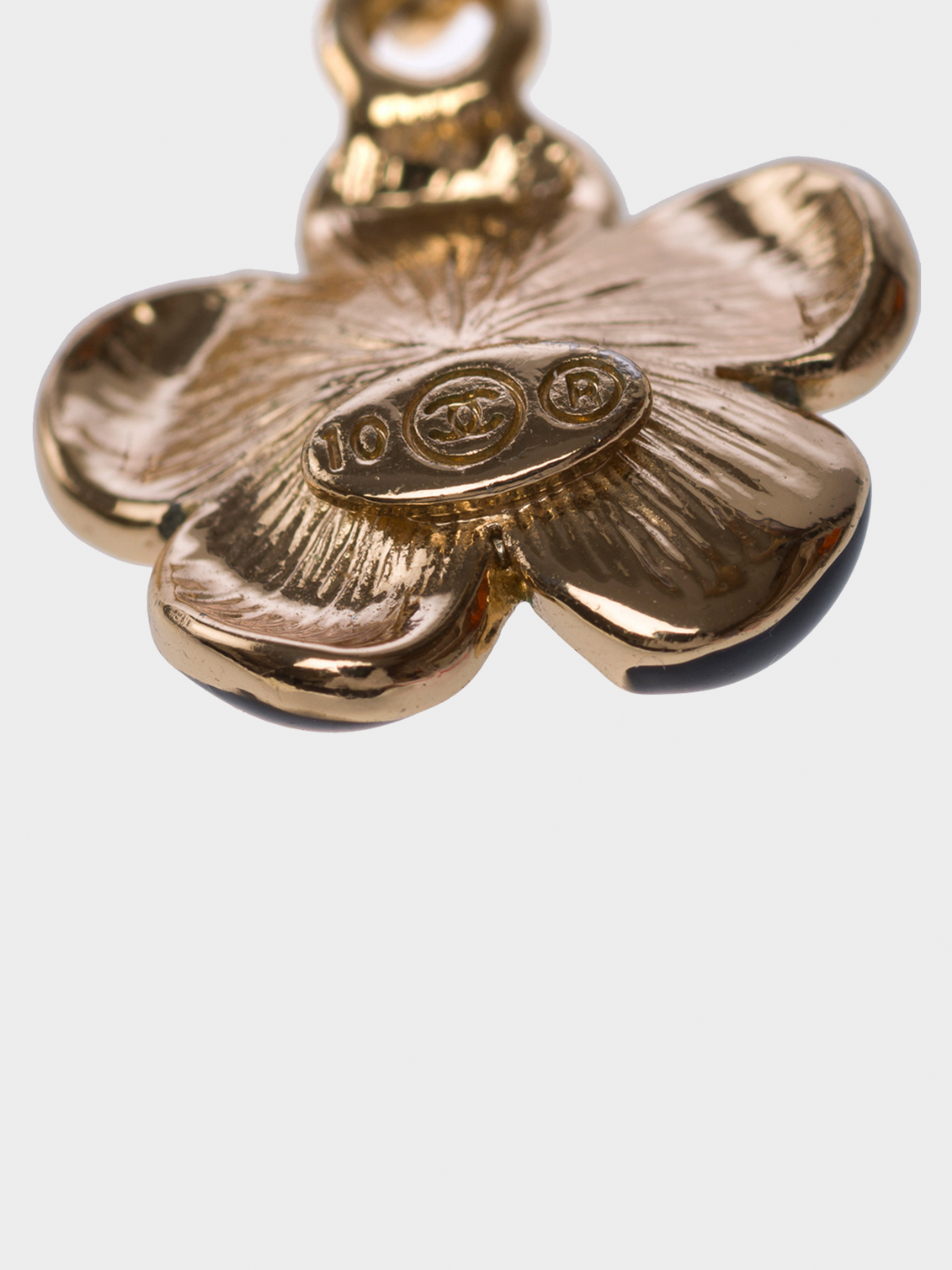Chanel 2010s Gold Metal Logo with Black Camellia Charm Earrings