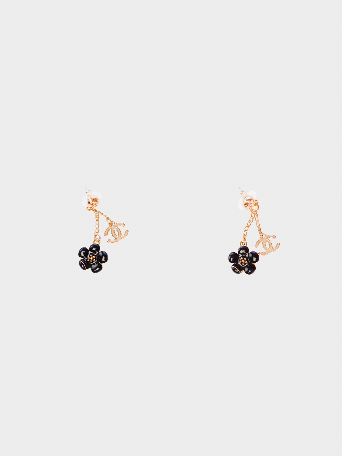 Chanel 2010s Gold Metal Logo with Black Camellia Charm Earrings