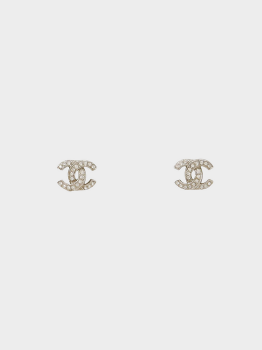 Chanel 2000s Silver Rhinestone CC Logo Earrings