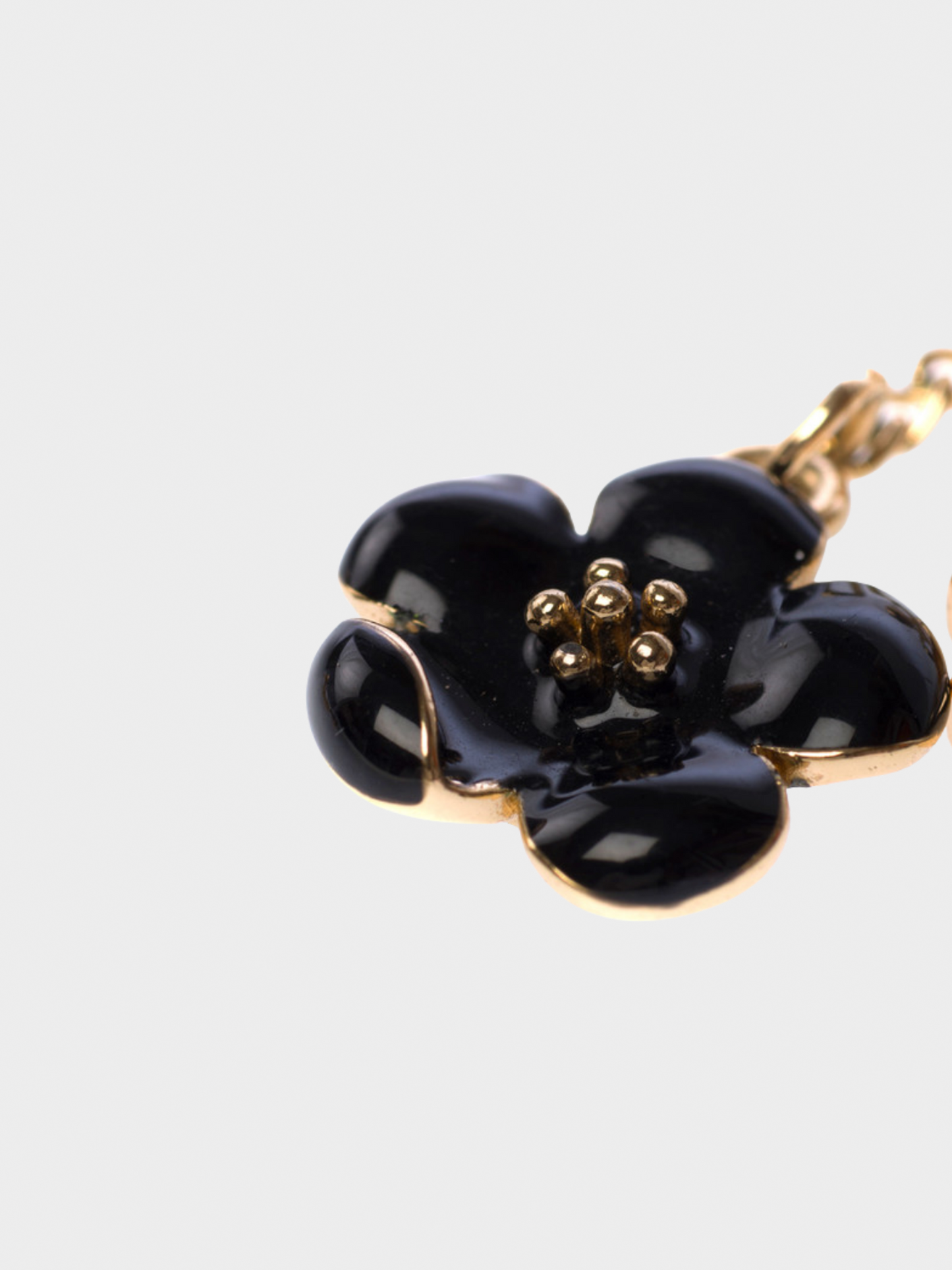 Chanel 2010s Gold Metal Logo with Black Camellia Charm Earrings