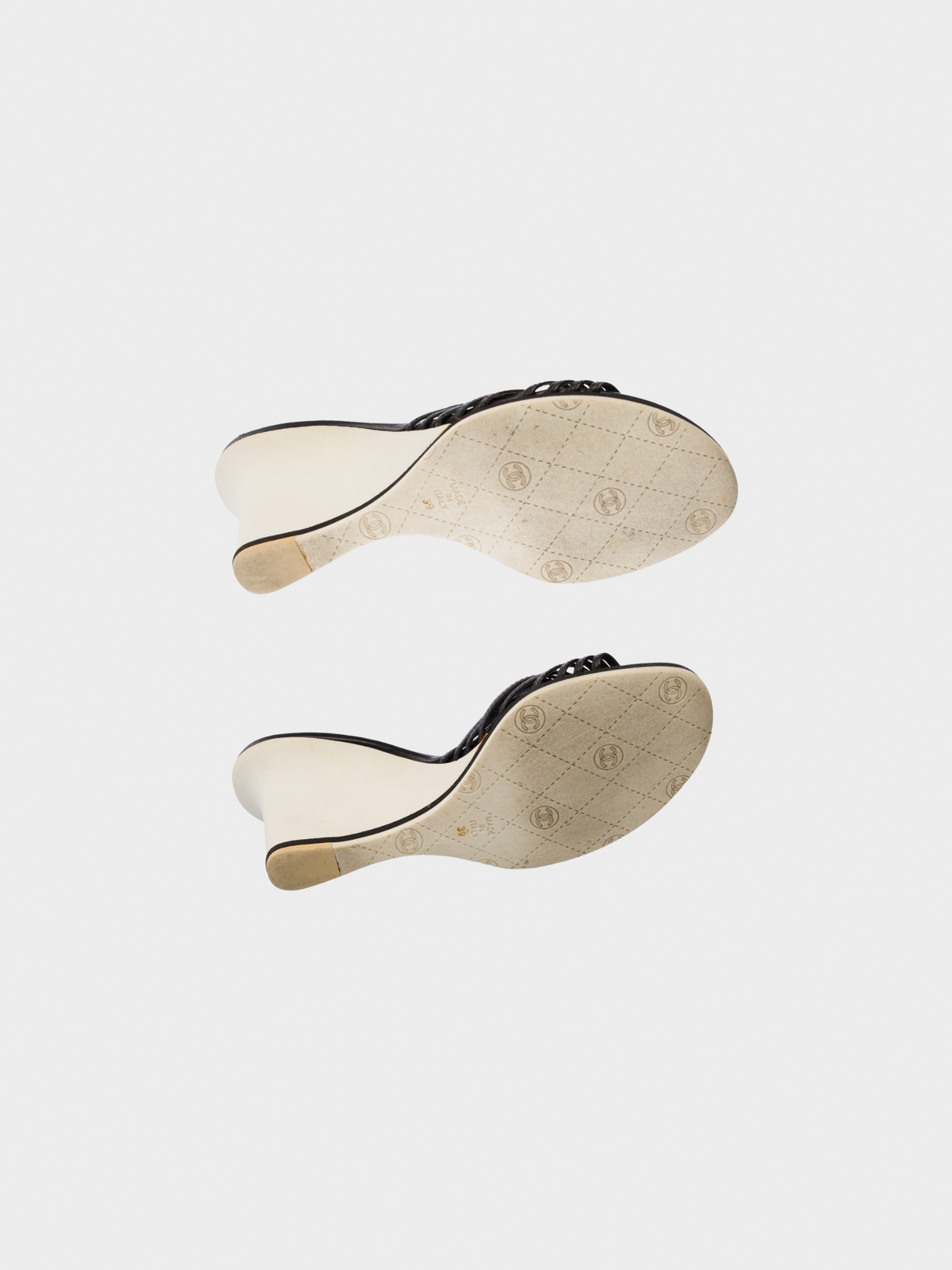 Chanel 2010s Black Leather Camellia Wedge Sandals