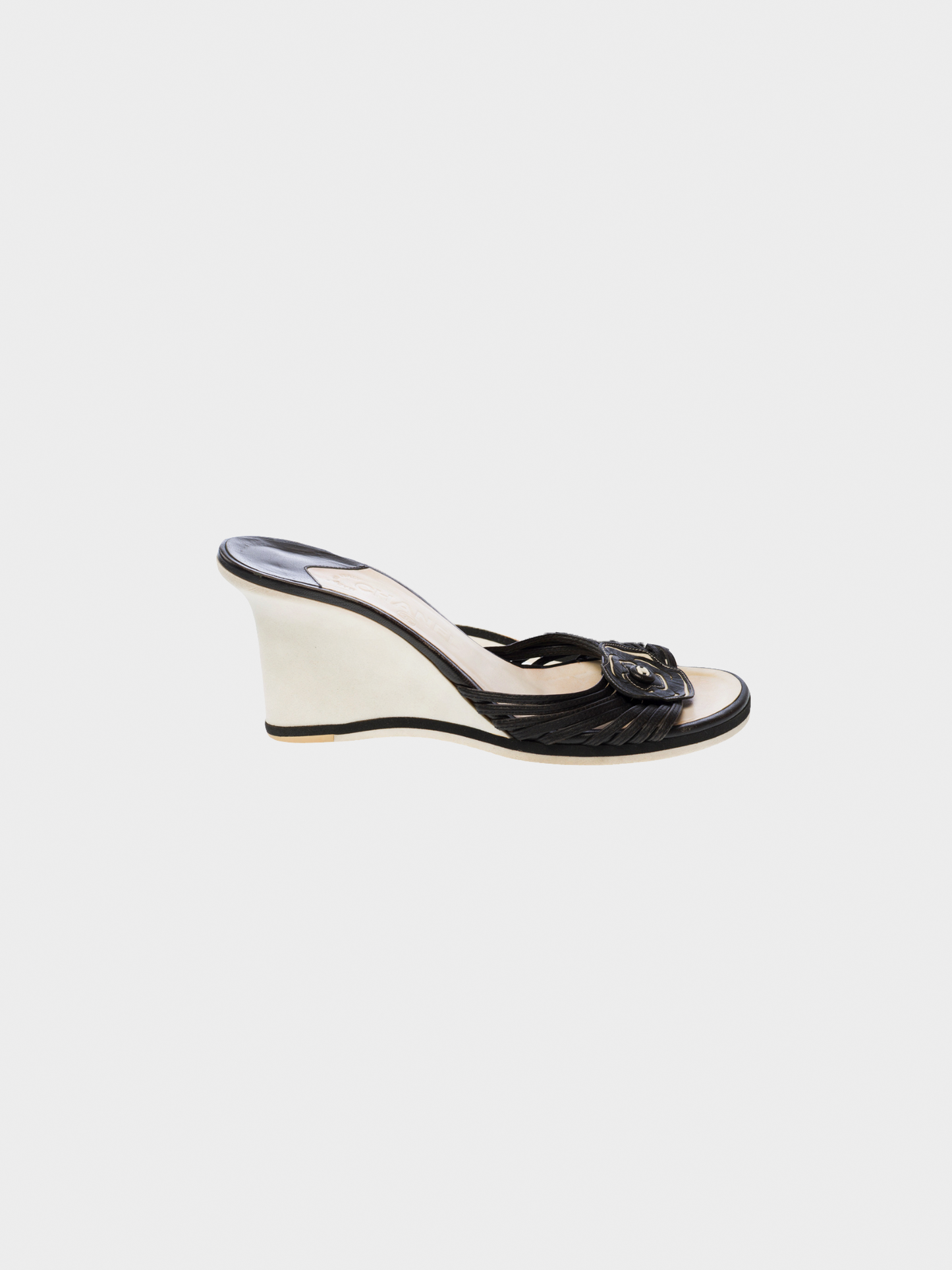 Chanel 2010s Black Leather Camellia Wedge Sandals