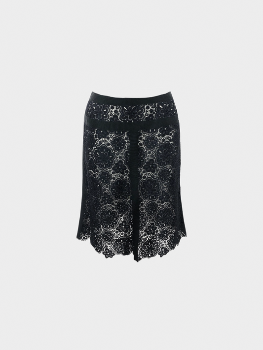 Chanel SS 2004 Black Floral Lace Midi Skirt