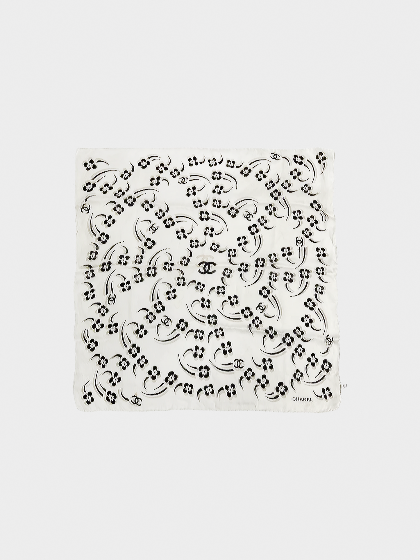 Chanel 2000s Beige Floral Print CC Silk Scarf