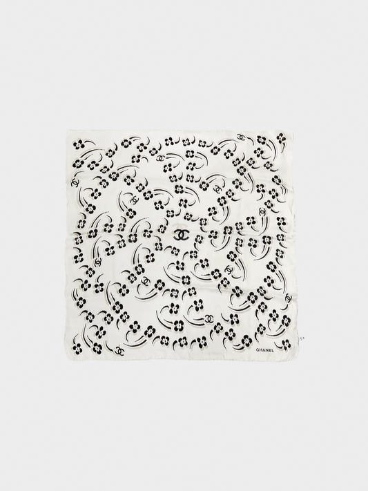 Chanel 2000s Beige Floral Print CC Silk Scarf