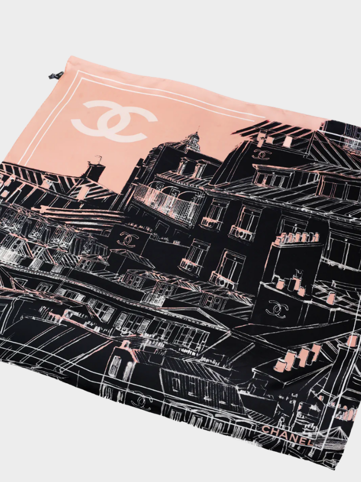 Chanel 2000s Pink Cityscape Printed Silk Scarf