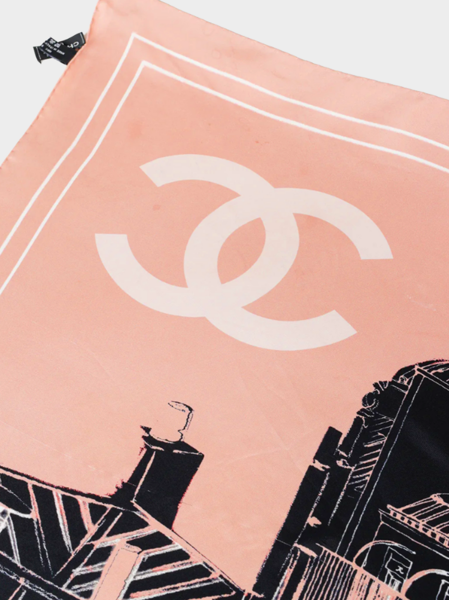 Chanel 2000s Pink Cityscape Printed Silk Scarf