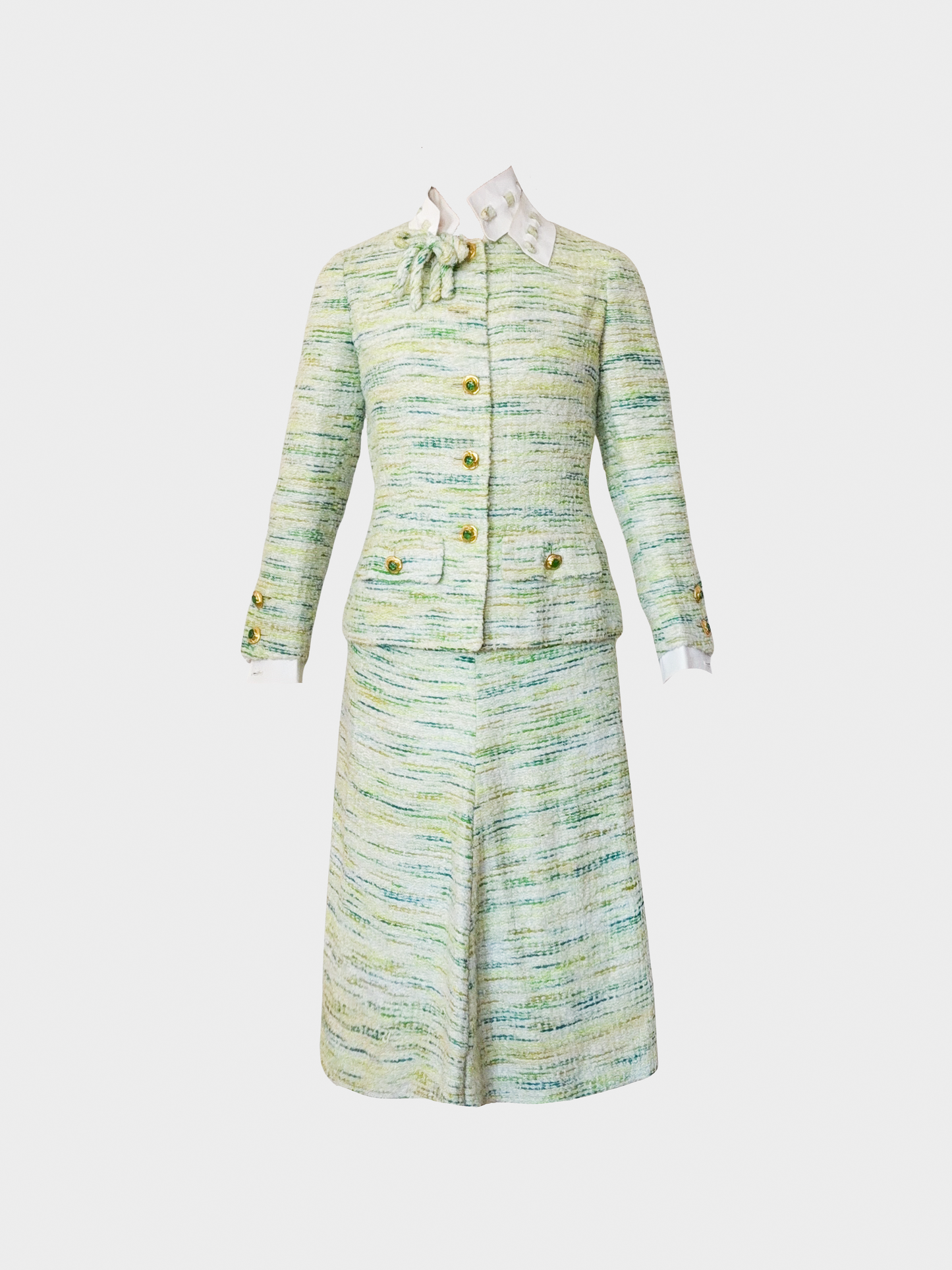 Chanel 1970s Couture Green Tweed Skirt Suit Set