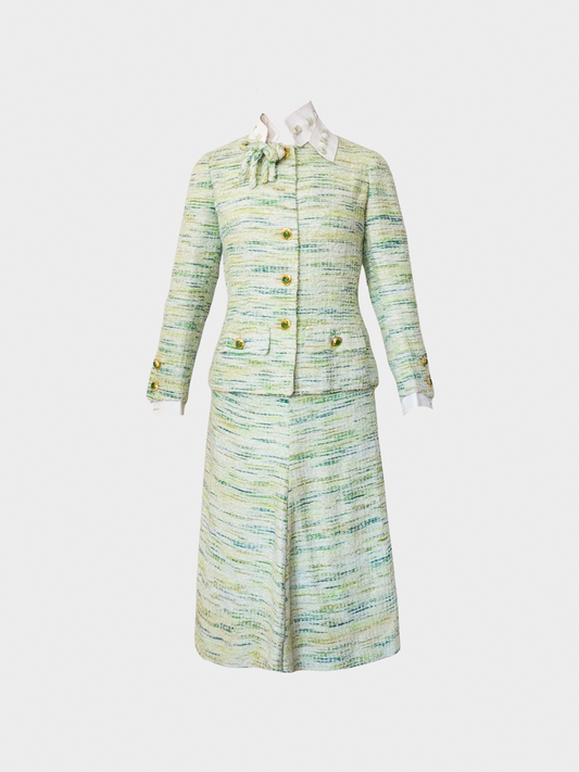 Chanel 1970s Couture Green Tweed Skirt Suit Set