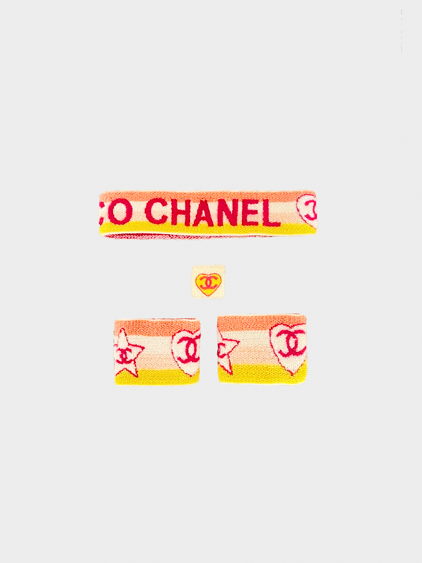 Chanel Sports 2004 Pink and Yellow Coco CC Headband Wristband Set